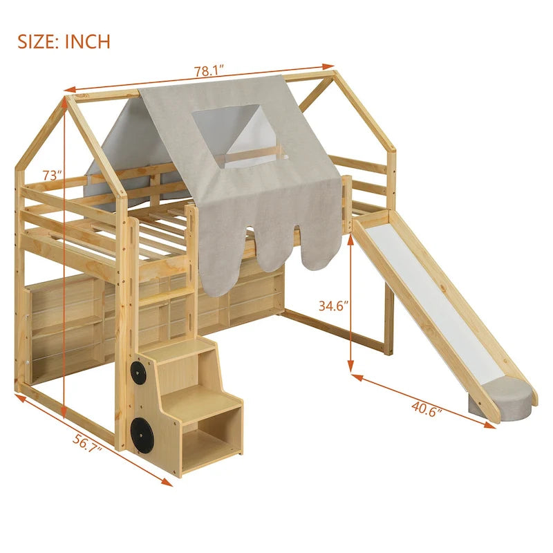 Lit mezzanine en bois en forme de maison avec tente, toboggan, échelle et étagères