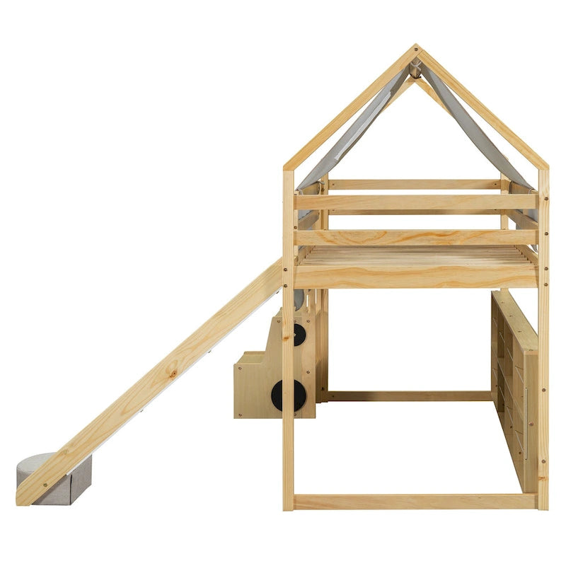 Lit mezzanine en bois en forme de maison avec tente, toboggan, échelle et étagères