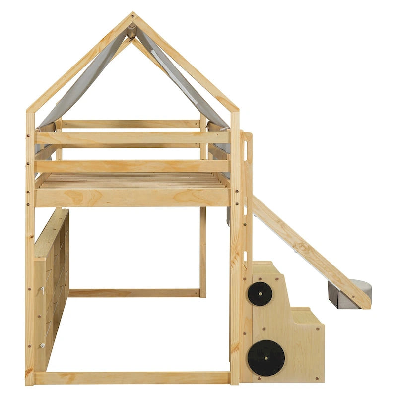 Lit mezzanine en bois en forme de maison avec tente, toboggan, échelle et étagères