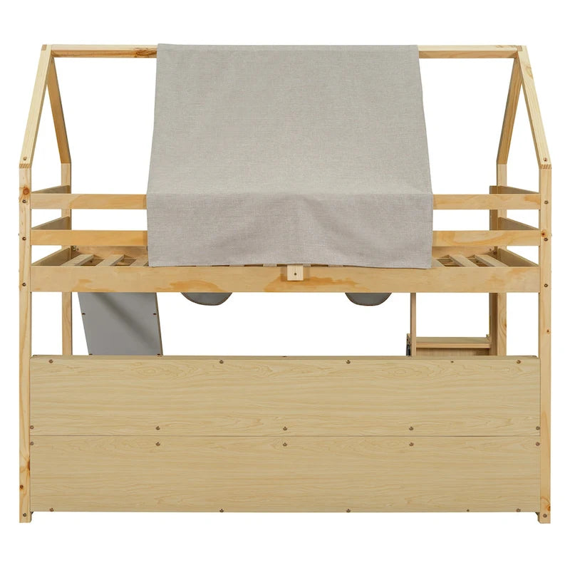 Lit mezzanine en bois en forme de maison avec tente, toboggan, échelle et étagères