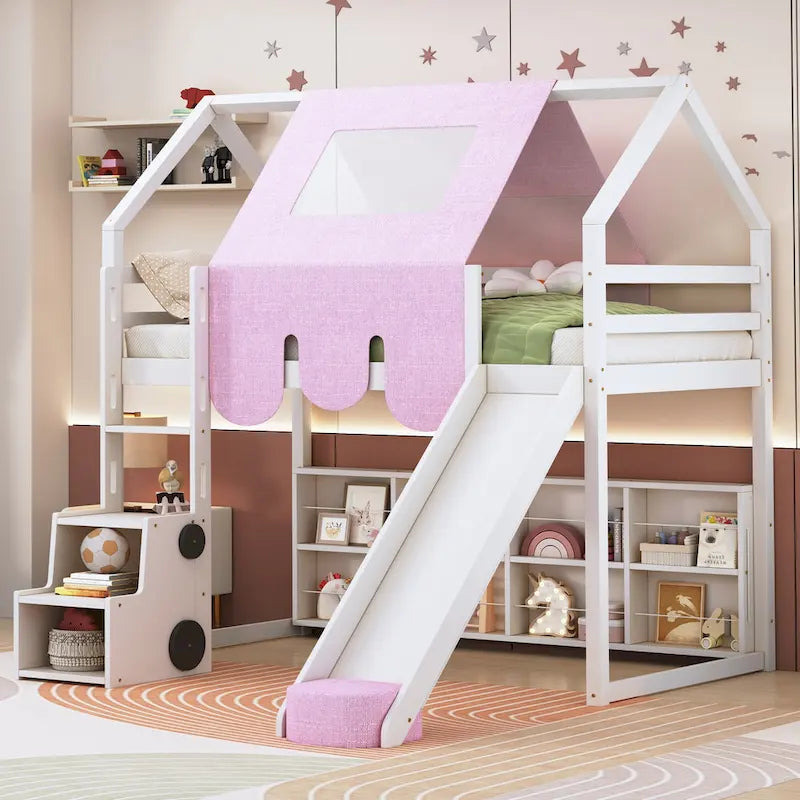 Lit mezzanine en bois en forme de maison avec tente, toboggan, échelle et étagères