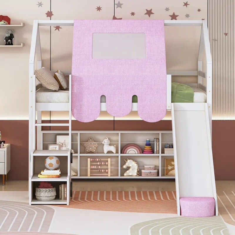Lit mezzanine en bois en forme de maison avec tente, toboggan, échelle et étagères