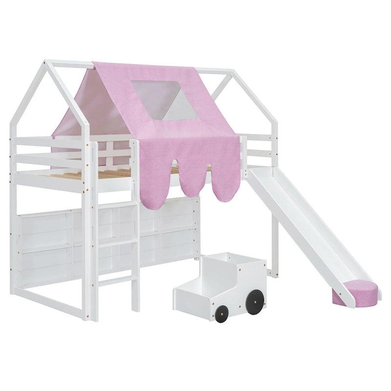 Lit mezzanine en bois en forme de maison avec tente, toboggan, échelle et étagères