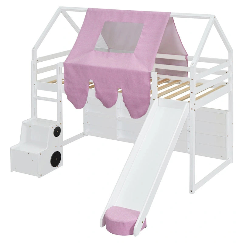 Lit mezzanine en bois en forme de maison avec tente, toboggan, échelle et étagères