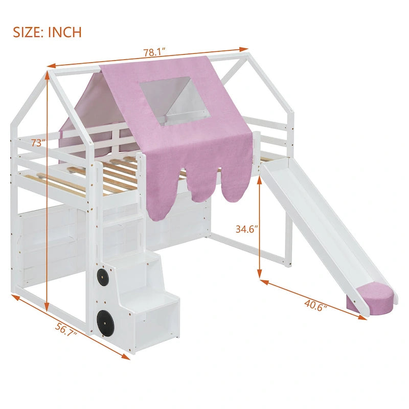 Lit mezzanine en bois en forme de maison avec tente, toboggan, échelle et étagères