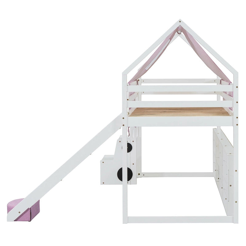 Lit mezzanine en bois en forme de maison avec tente, toboggan, échelle et étagères
