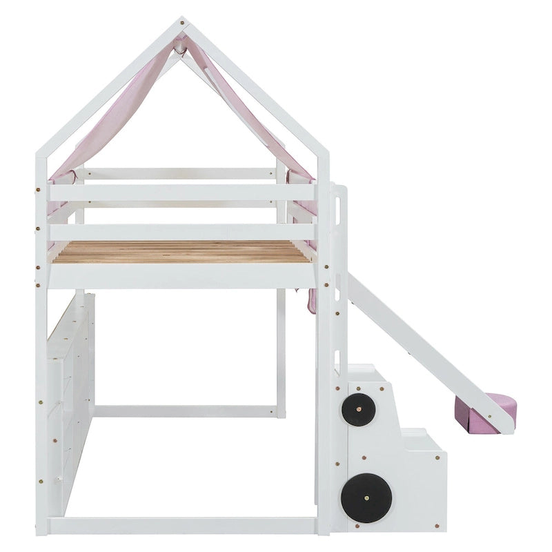 Lit mezzanine en bois en forme de maison avec tente, toboggan, échelle et étagères