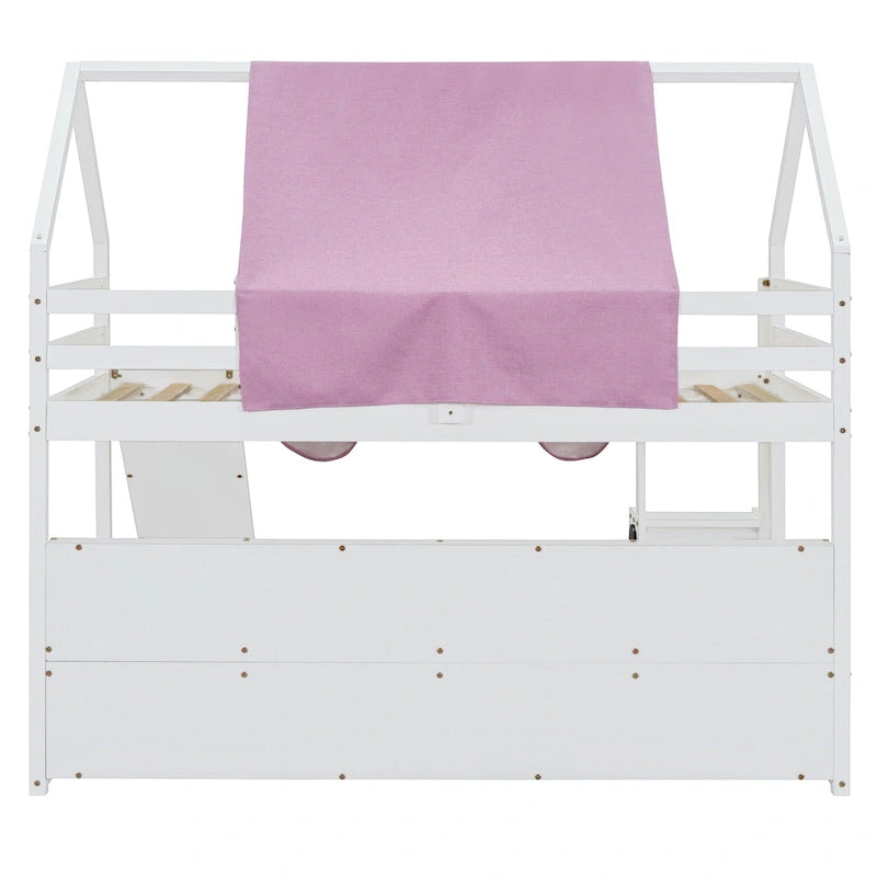 Lit mezzanine en bois en forme de maison avec tente, toboggan, échelle et étagères