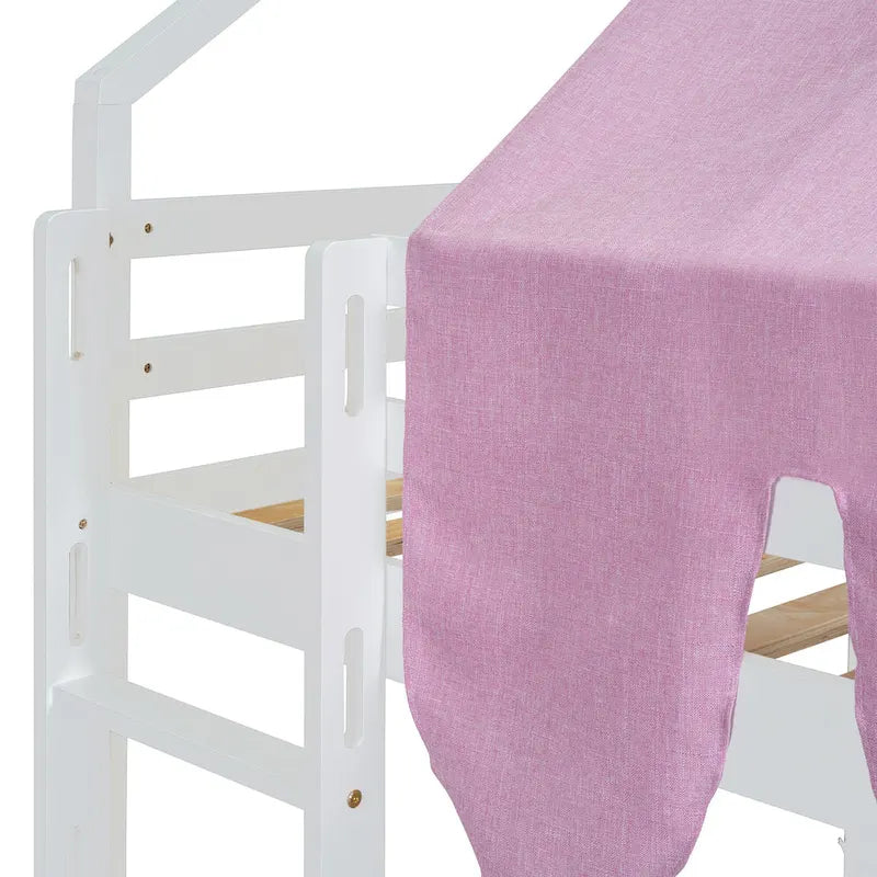 Lit mezzanine en bois en forme de maison avec tente, toboggan, échelle et étagères
