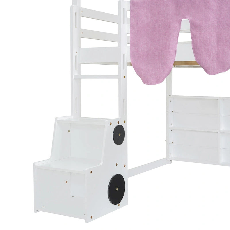 Lit mezzanine en bois en forme de maison avec tente, toboggan, échelle et étagères