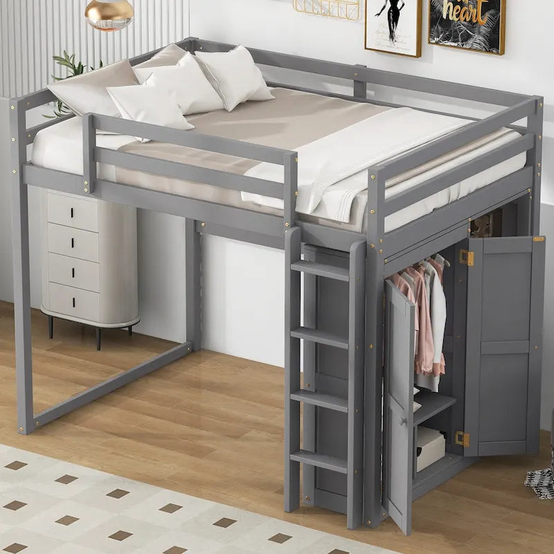 Lit mezzanine en bois deux places avec penderie et étagères de rangement intégrées, éclairage LED, cadre de lit superposé avec sommier à lattes, pas besoin de sommier tapissier