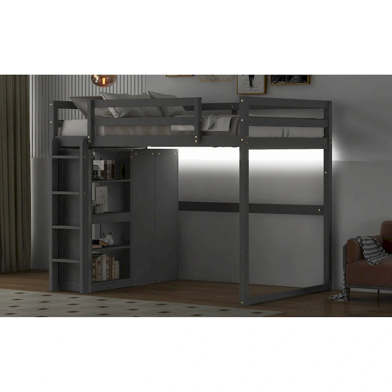 Wood Full Size Loft Bed with Built-in Wardrobe & Storage Shelves, Led light, Bunk Bed Frame w/Slats Support No Box Spring Needed