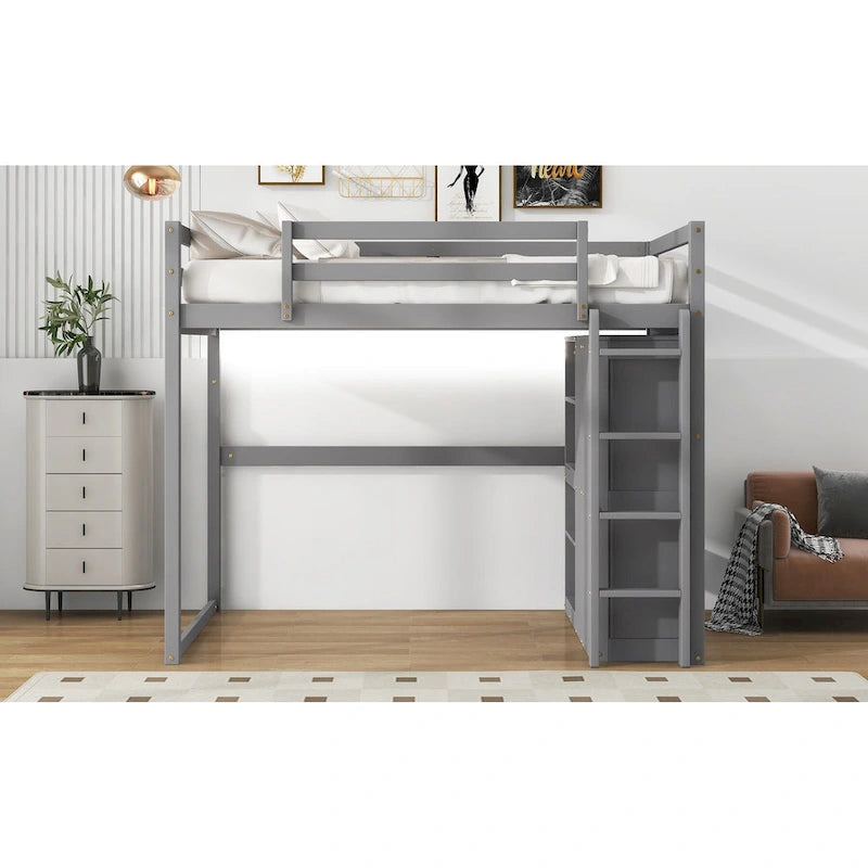 Lit mezzanine en bois deux places avec penderie et étagères de rangement intégrées, éclairage LED, cadre de lit superposé avec sommier à lattes, pas besoin de sommier tapissier