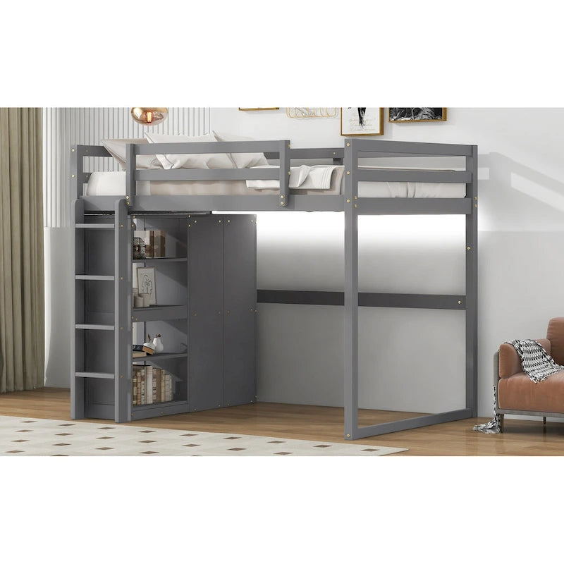 Lit mezzanine en bois deux places avec penderie et étagères de rangement intégrées, éclairage LED, cadre de lit superposé avec sommier à lattes, pas besoin de sommier tapissier