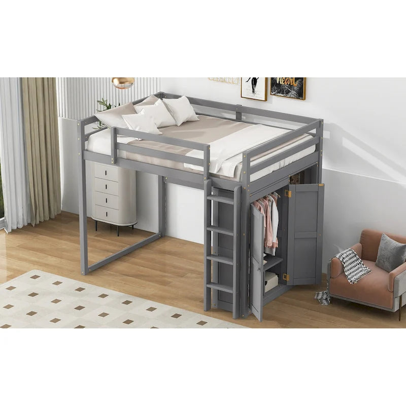 Lit mezzanine en bois deux places avec penderie et étagères de rangement intégrées, éclairage LED, cadre de lit superposé avec sommier à lattes, pas besoin de sommier tapissier