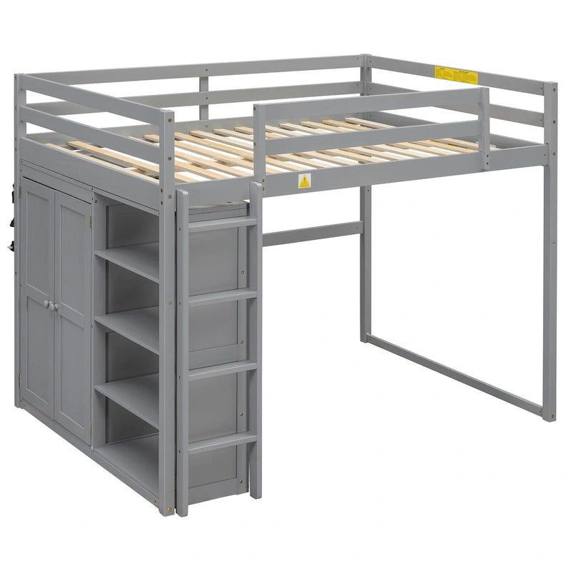 Lit mezzanine en bois deux places avec penderie et étagères de rangement intégrées, éclairage LED, cadre de lit superposé avec sommier à lattes, pas besoin de sommier tapissier