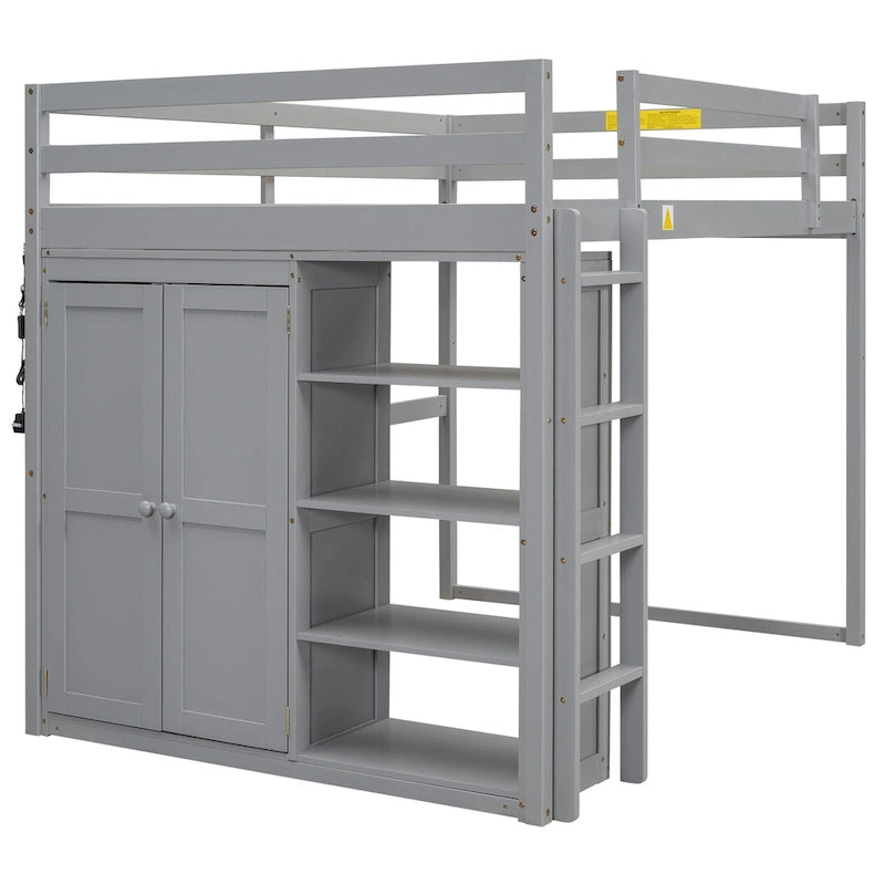 Lit mezzanine en bois deux places avec penderie et étagères de rangement intégrées, éclairage LED, cadre de lit superposé avec sommier à lattes, pas besoin de sommier tapissier