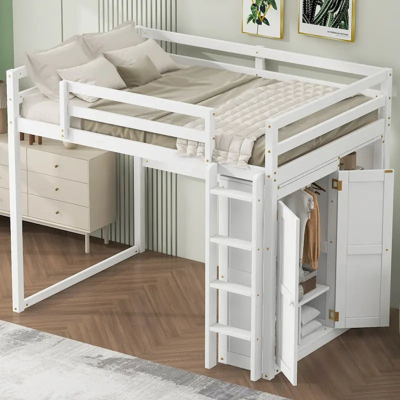 Lit mezzanine en bois deux places avec penderie et étagères de rangement intégrées, éclairage LED, cadre de lit superposé avec sommier à lattes, pas besoin de sommier tapissier