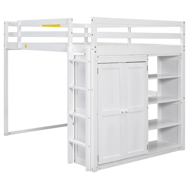 Lit mezzanine en bois deux places avec penderie et étagères de rangement intégrées, éclairage LED, cadre de lit superposé avec sommier à lattes, pas besoin de sommier tapissier