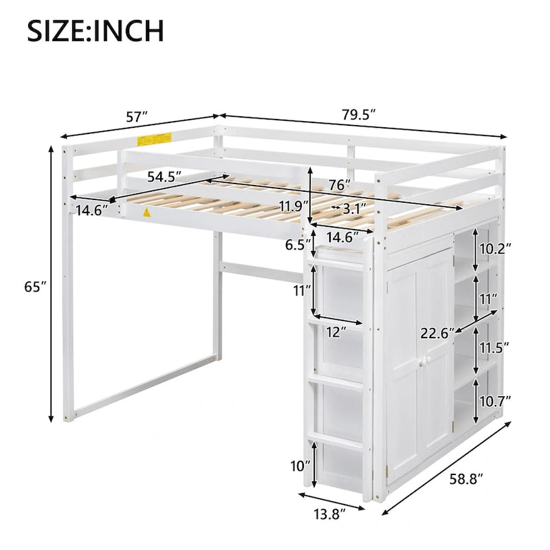 Lit mezzanine en bois deux places avec penderie et étagères de rangement intégrées, éclairage LED, cadre de lit superposé avec sommier à lattes, pas besoin de sommier tapissier
