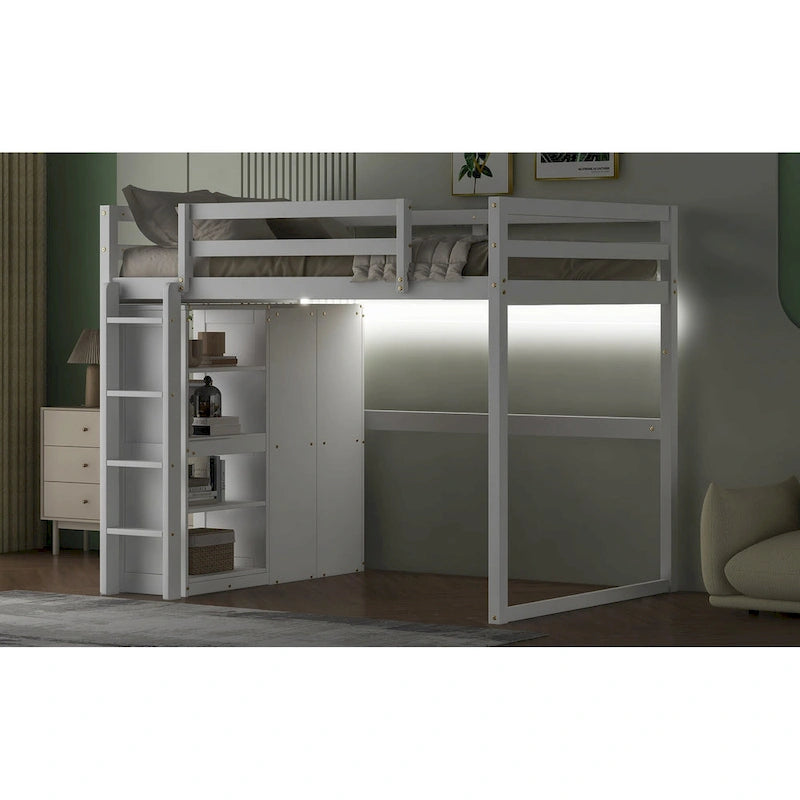 Lit mezzanine en bois deux places avec penderie et étagères de rangement intégrées, éclairage LED, cadre de lit superposé avec sommier à lattes, pas besoin de sommier tapissier