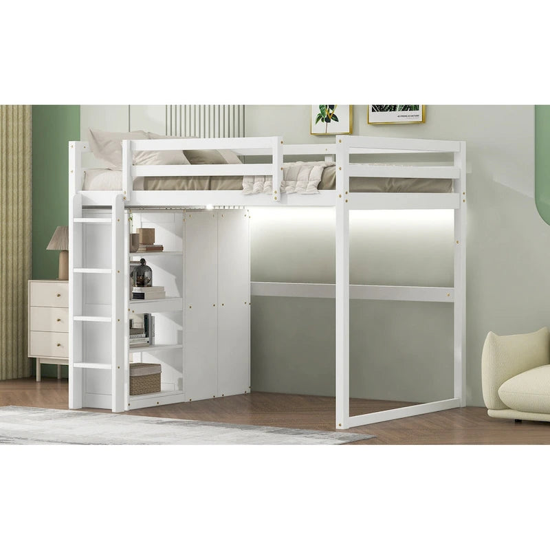 Lit mezzanine en bois deux places avec penderie et étagères de rangement intégrées, éclairage LED, cadre de lit superposé avec sommier à lattes, pas besoin de sommier tapissier