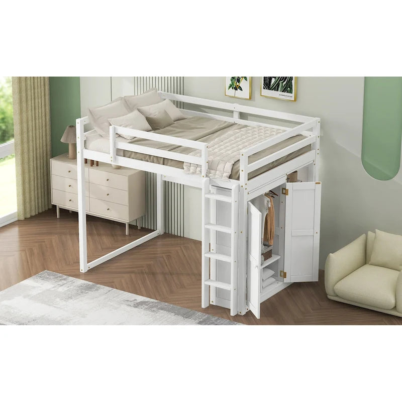 Lit mezzanine en bois deux places avec penderie et étagères de rangement intégrées, éclairage LED, cadre de lit superposé avec sommier à lattes, pas besoin de sommier tapissier