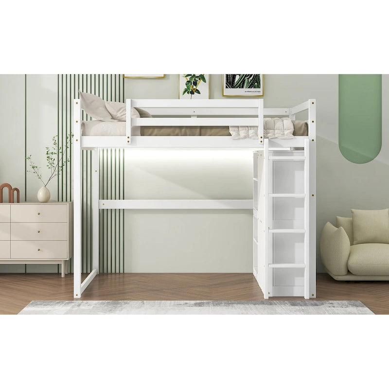 Lit mezzanine en bois deux places avec penderie et étagères de rangement intégrées, éclairage LED, cadre de lit superposé avec sommier à lattes, pas besoin de sommier tapissier