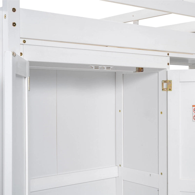 Lit mezzanine en bois deux places avec penderie et étagères de rangement intégrées, éclairage LED, cadre de lit superposé avec sommier à lattes, pas besoin de sommier tapissier
