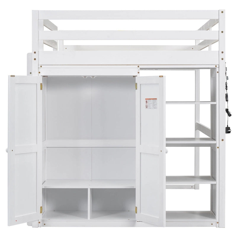 Lit mezzanine en bois deux places avec penderie et étagères de rangement intégrées, éclairage LED, cadre de lit superposé avec sommier à lattes, pas besoin de sommier tapissier