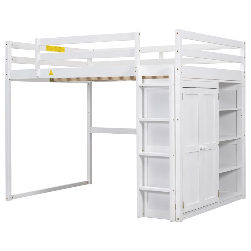 Lit mezzanine en bois deux places avec penderie et étagères de rangement intégrées, éclairage LED, cadre de lit superposé avec sommier à lattes, pas besoin de sommier tapissier