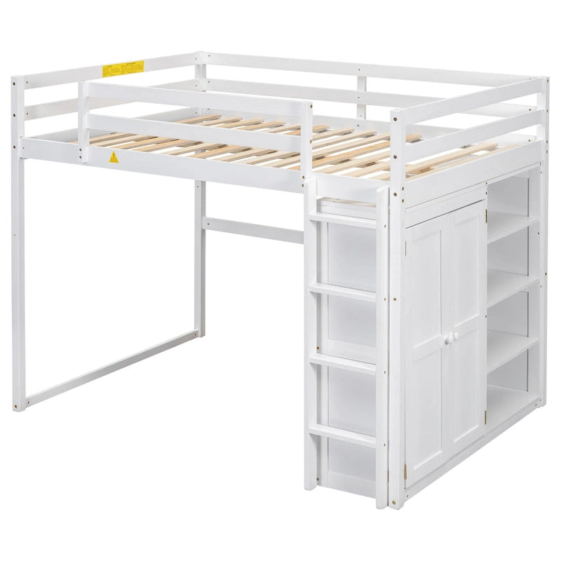 Lit mezzanine en bois deux places avec penderie et étagères de rangement intégrées, éclairage LED, cadre de lit superposé avec sommier à lattes, pas besoin de sommier tapissier