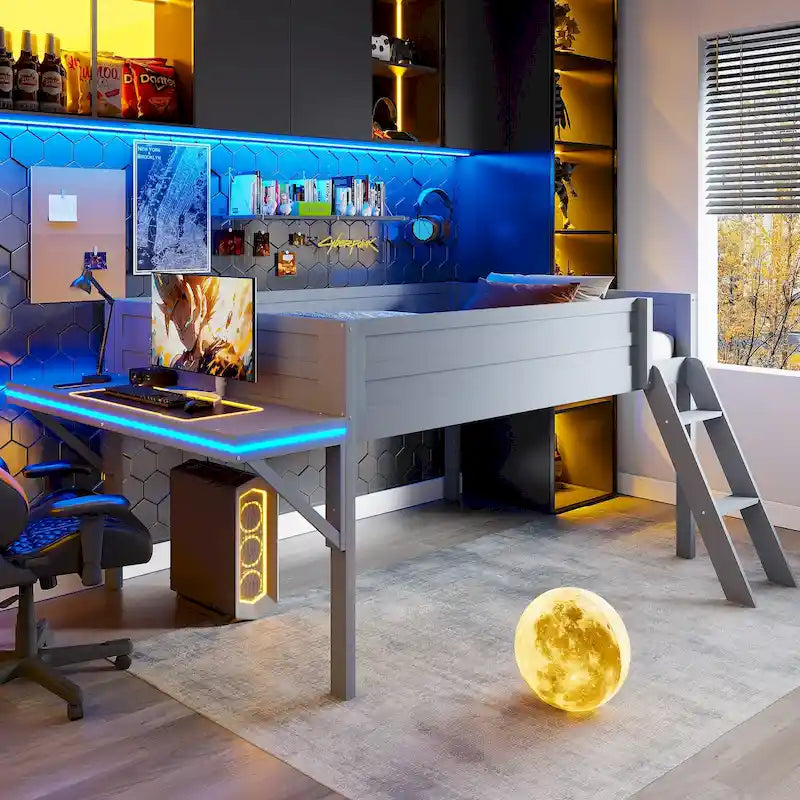 Lit mezzanine bas avec bureau intégré et lumières LED, cadre de lit mezzanine de jeu en bois avec échelle inclinée, pour enfants, filles et garçons