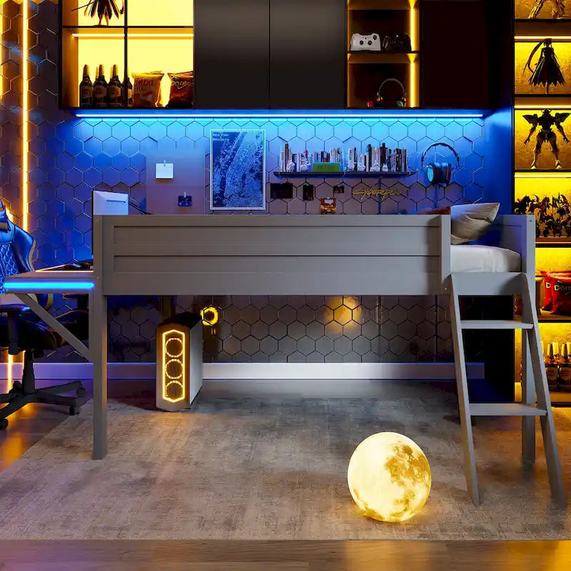 Lit mezzanine bas avec bureau intégré et lumières LED, cadre de lit mezzanine de jeu en bois avec échelle inclinée, pour enfants, filles et garçons