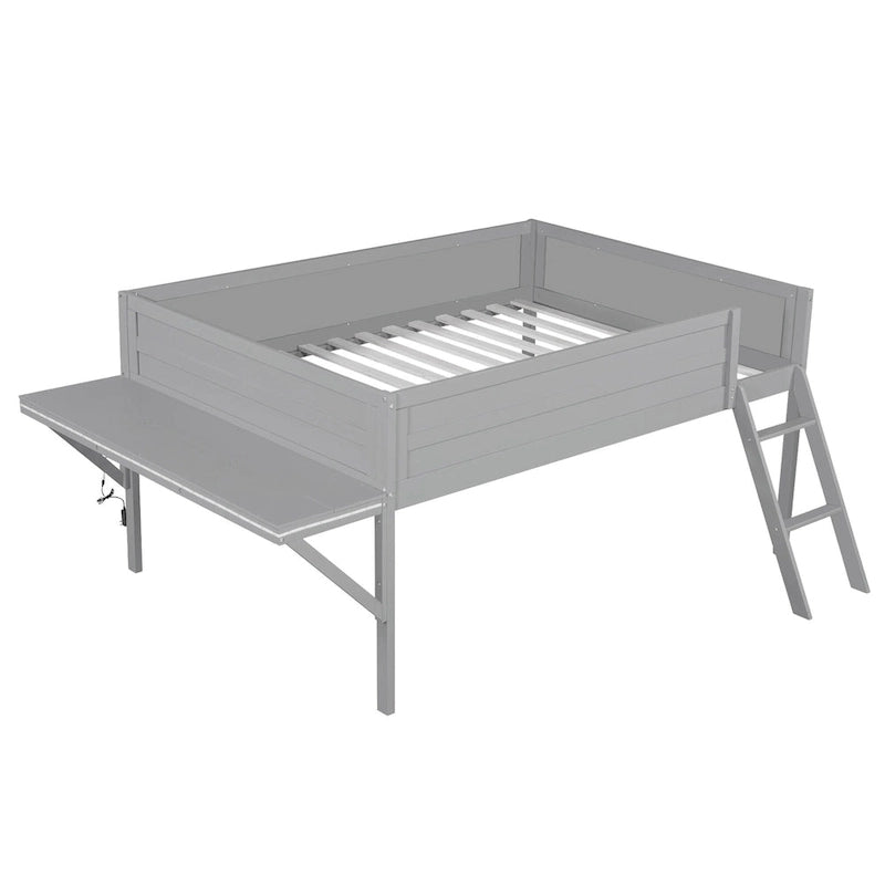 Lit mezzanine bas avec bureau intégré et lumières LED, cadre de lit mezzanine de jeu en bois avec échelle inclinée, pour enfants, filles et garçons