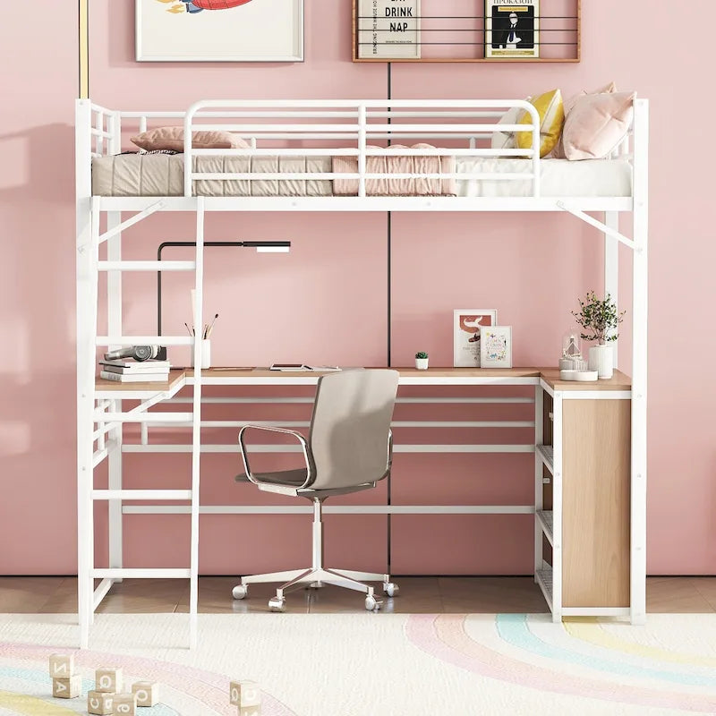 Lit mezzanine en métal avec bureau en L sous le lit et 3 étagères de rangement, lit mezzanine haut avec échelle amovible
