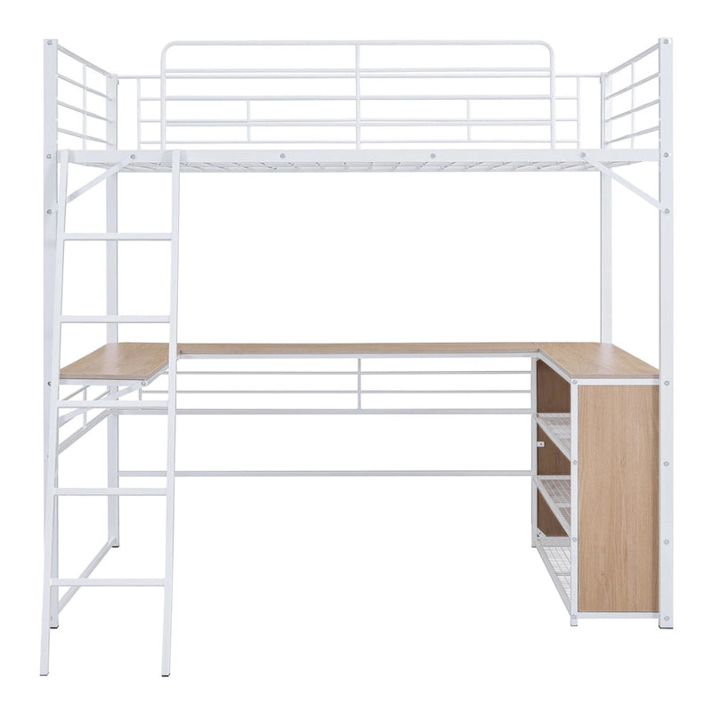 Lit mezzanine en métal avec bureau en L sous le lit et 3 étagères de rangement, lit mezzanine haut avec échelle amovible