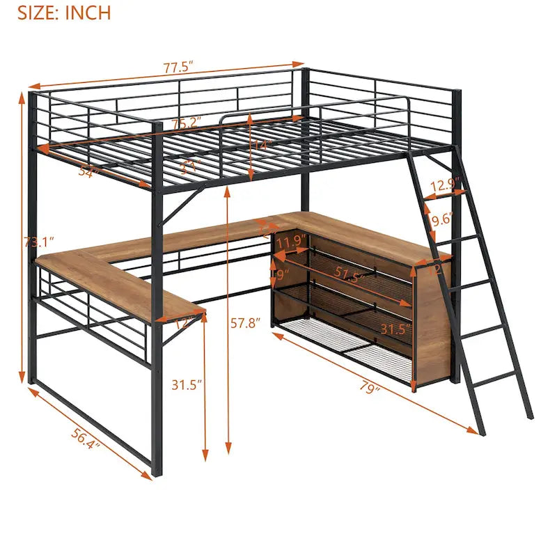 Lit mezzanine en métal avec bureau en L sous le lit et 3 étagères de rangement, lit mezzanine haut avec échelle amovible