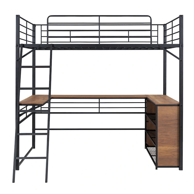 Lit mezzanine en métal avec bureau en L sous le lit et 3 étagères de rangement, lit mezzanine haut avec échelle amovible