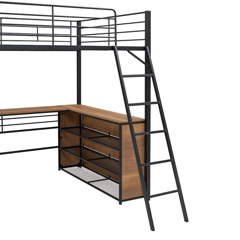 Lit mezzanine en métal avec bureau en L sous le lit et 3 étagères de rangement, lit mezzanine haut avec échelle amovible