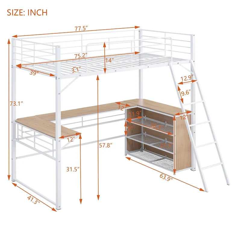 Lit mezzanine en métal avec bureau en L sous le lit et 3 étagères de rangement, lit mezzanine haut avec échelle amovible