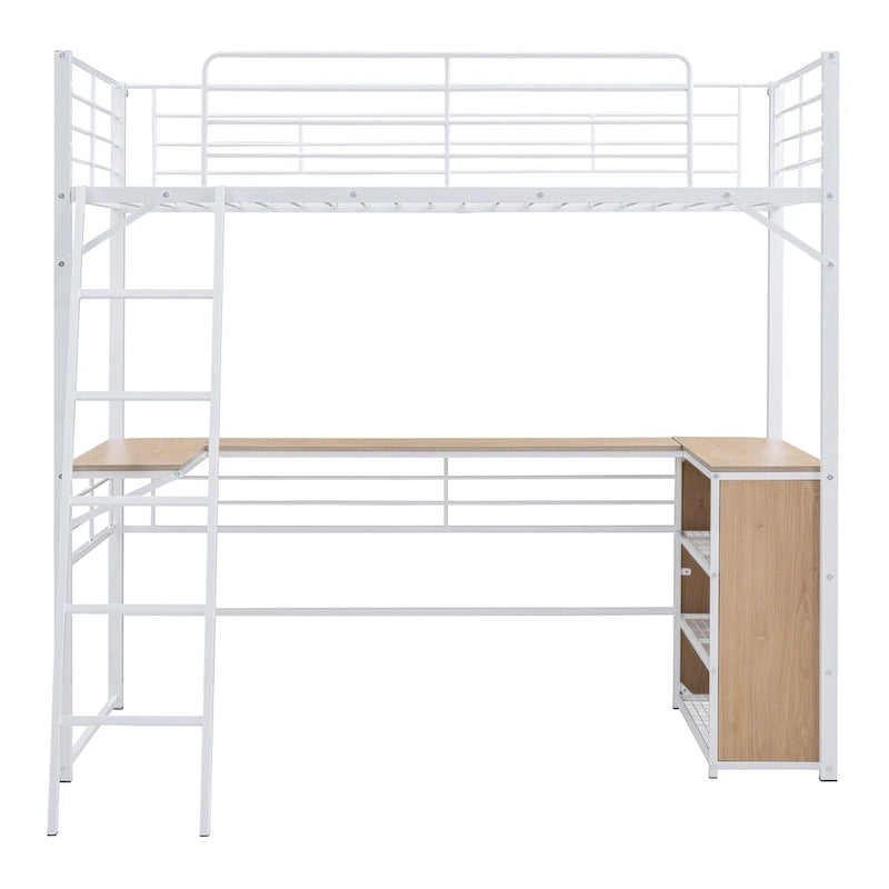 Lit mezzanine en métal avec bureau en L sous le lit et 3 étagères de rangement, lit mezzanine haut avec échelle amovible