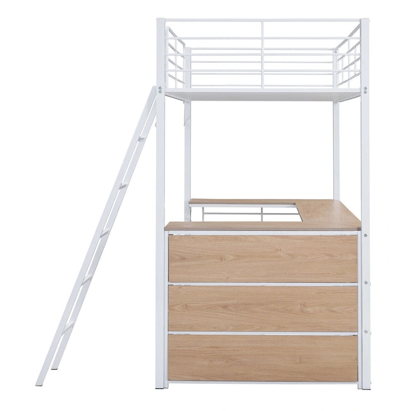 Lit mezzanine en métal avec bureau en L sous le lit et 3 étagères de rangement, lit mezzanine haut avec échelle amovible