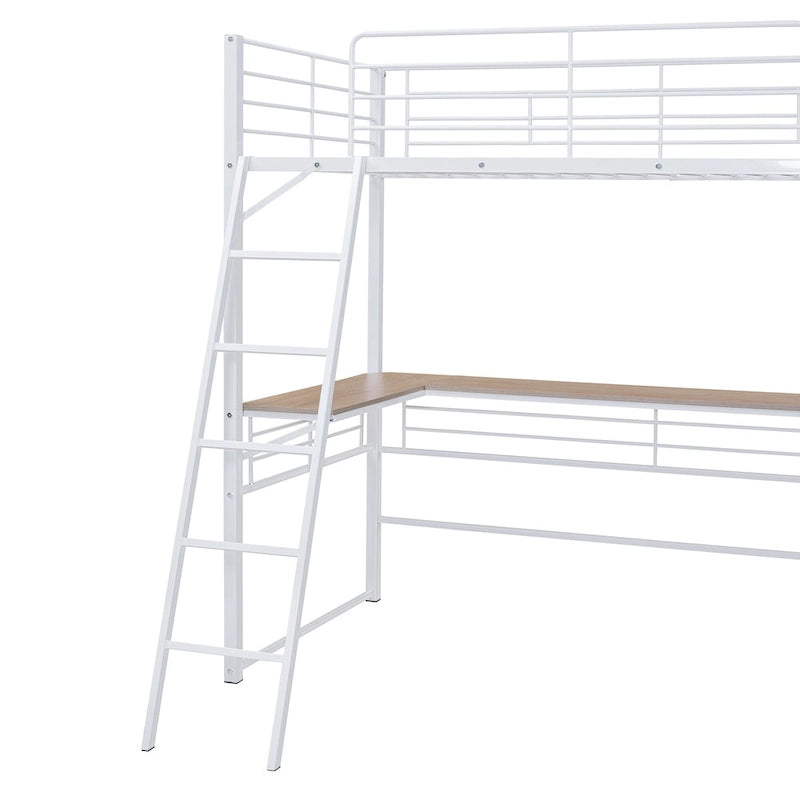 Lit mezzanine en métal avec bureau en L sous le lit et 3 étagères de rangement, lit mezzanine haut avec échelle amovible