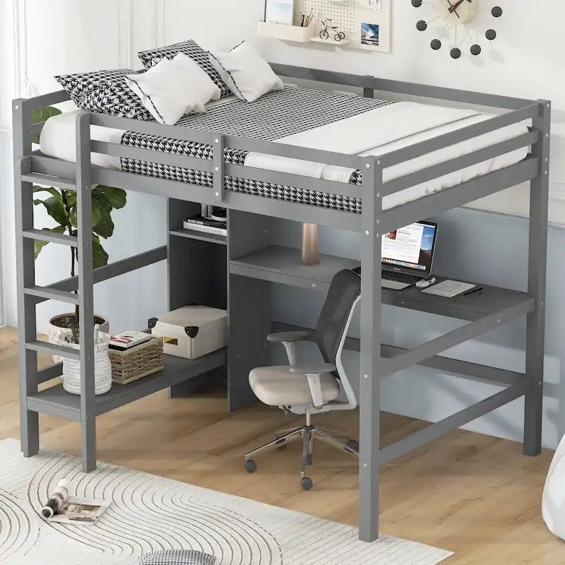 Lit mezzanine en bois avec sommier à lattes, cadre de lit double avec étagères multifonctions, garde-corps pleine longueur et bureau sous le lit