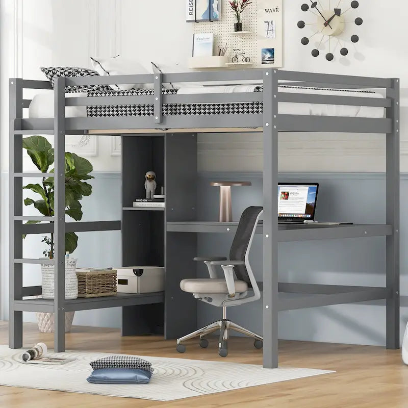 Lit mezzanine en bois avec sommier à lattes, cadre de lit double avec étagères multifonctions, garde-corps pleine longueur et bureau sous le lit