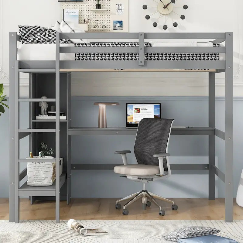 Lit mezzanine en bois avec sommier à lattes, cadre de lit double avec étagères multifonctions, garde-corps pleine longueur et bureau sous le lit