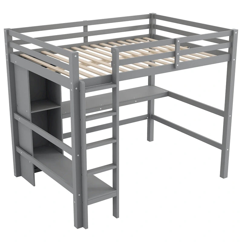 Lit mezzanine en bois avec sommier à lattes, cadre de lit double avec étagères multifonctions, garde-corps pleine longueur et bureau sous le lit