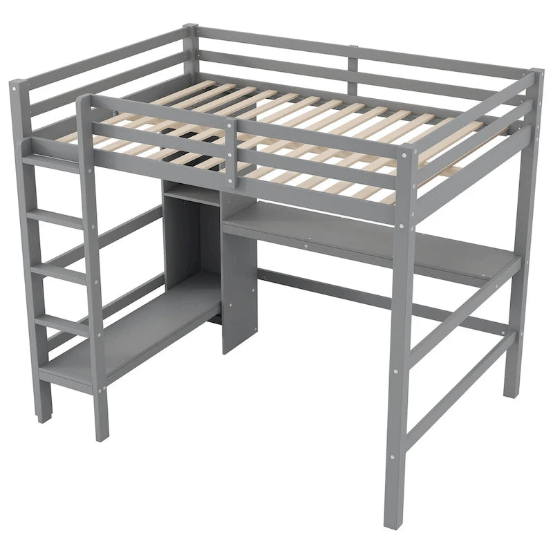 Lit mezzanine en bois avec sommier à lattes, cadre de lit double avec étagères multifonctions, garde-corps pleine longueur et bureau sous le lit