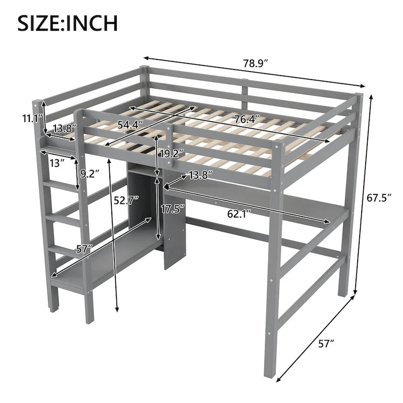 Lit mezzanine en bois avec sommier à lattes, cadre de lit double avec étagères multifonctions, garde-corps pleine longueur et bureau sous le lit
